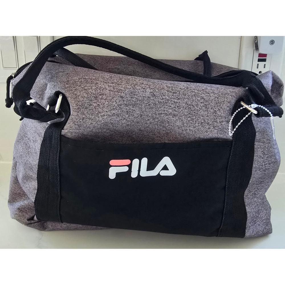 Fila‎ Grey Heathered Duffel Bag Black Trim Front Pocket Zip Closure 12x16 NWOT